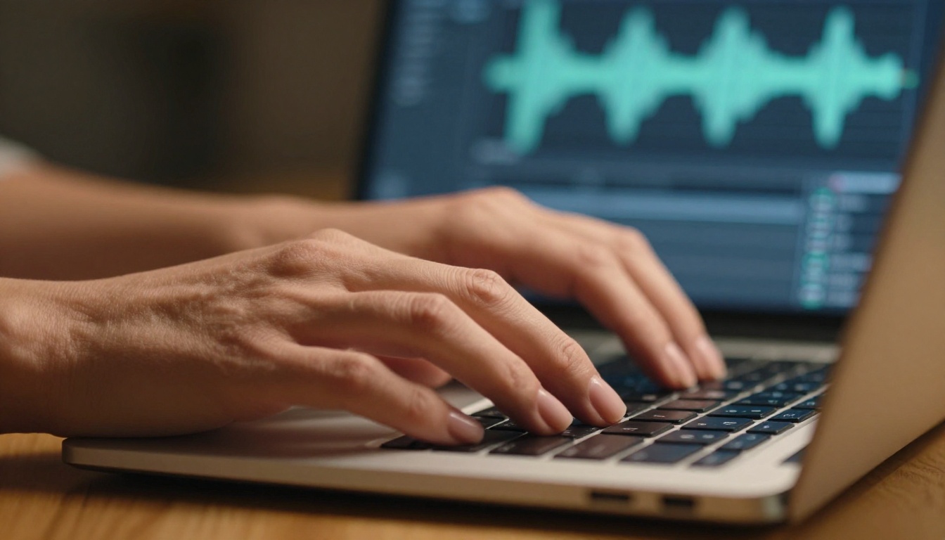 Extreme close-up of hands typing on laptop keyboard with audio waveform visualization glowing on secondary monitor in background