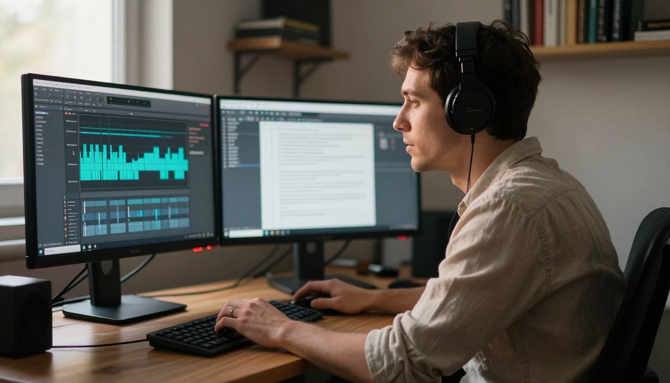 Content creator sitting at dual monitor setup with audio editing software and text document Content creator sitting at dual monitor setup with audio editing software and text document