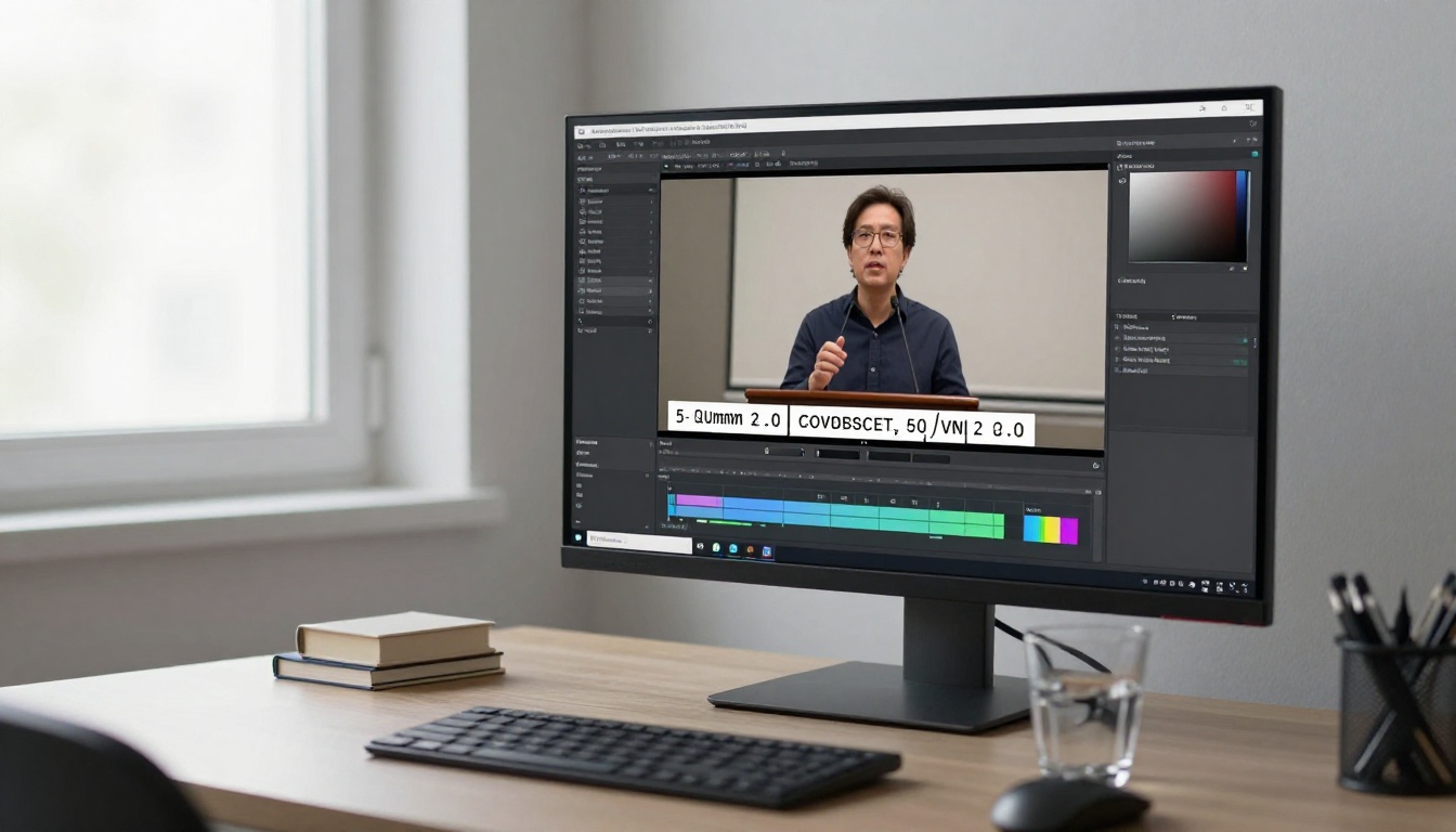 Modern widescreen monitor showing video editing software with white subtitle overlay on paused video of speaker, clean professional desk with natural window light
