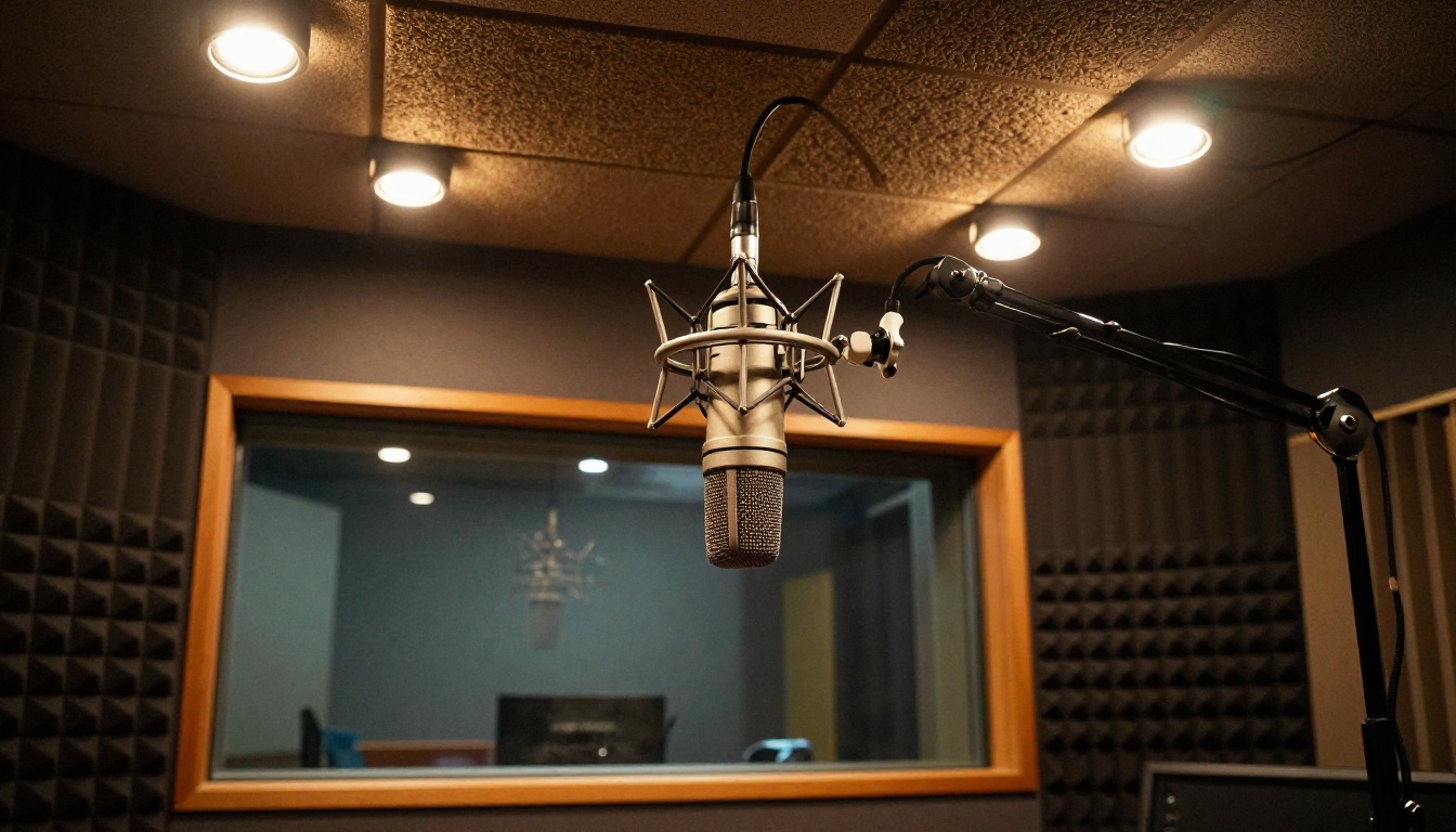 Low-angle view of professional podcast recording booth interior with suspended condenser microphone Low-angle view of professional podcast recording booth interior with suspended condenser microphone