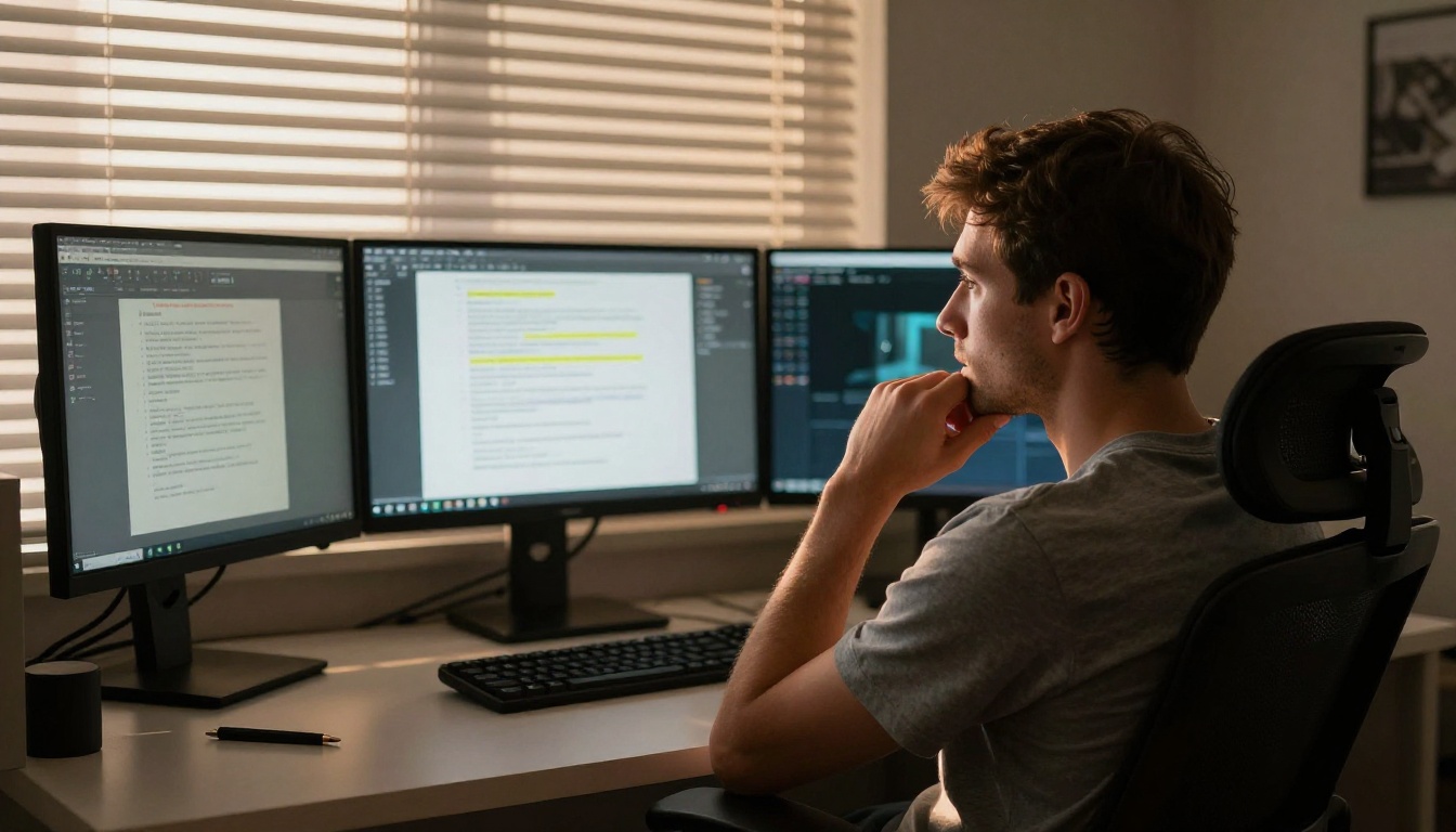 Content creator reviewing video transcript on dual monitors in a home office with warm evening lighting
