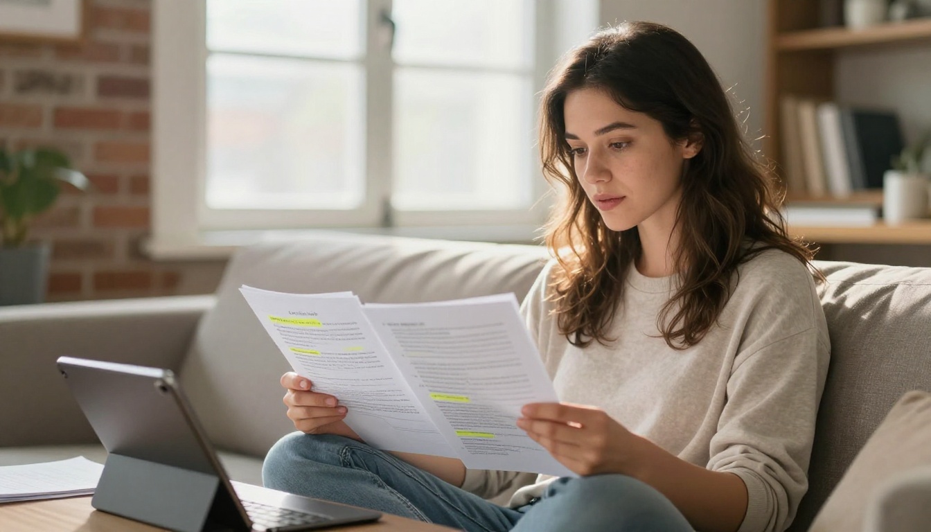 Woman sitting cross-legged on sofa reviewing printed transcript pages with handwritten margin notes