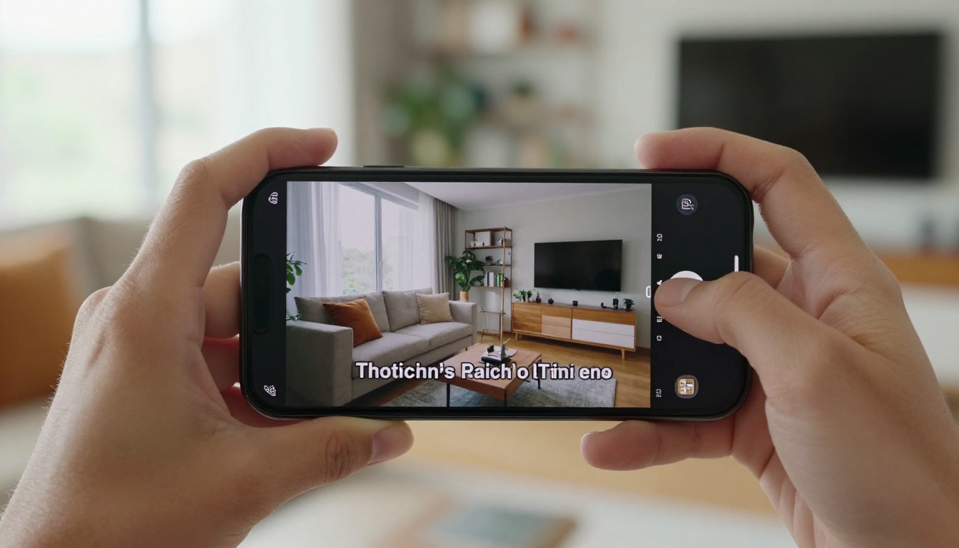 Smartphone held horizontally showing video with white caption text, softly blurred modern living room in background with warm afternoon light
