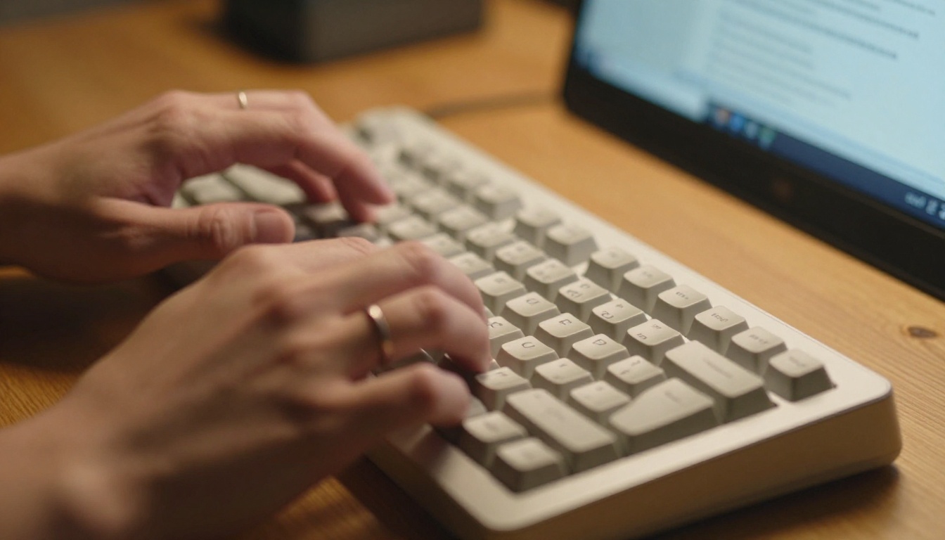 Close-up of human hands typing rapidly on mechanical keyboard with natural motion blur