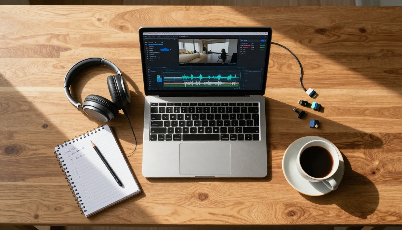 Overhead aerial flat-lay of content creator desk with open laptop showing video timeline, headphones, notepad, and coffee cup in warm morning light