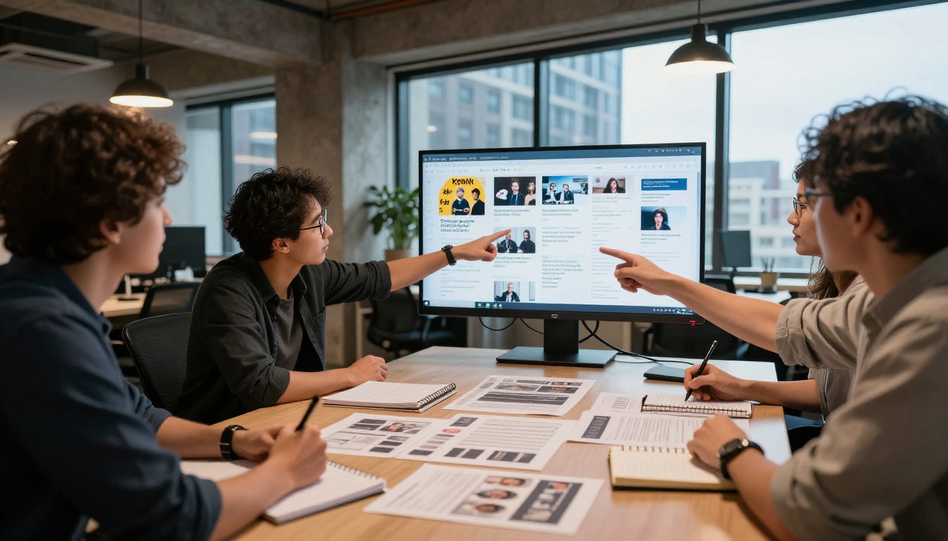 Marketing team gathered around conference table reviewing podcast-derived social media content on large screen