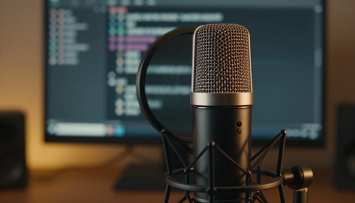 Professional condenser microphone close-up in home recording studio with transcription text visible on blurred monitor behind