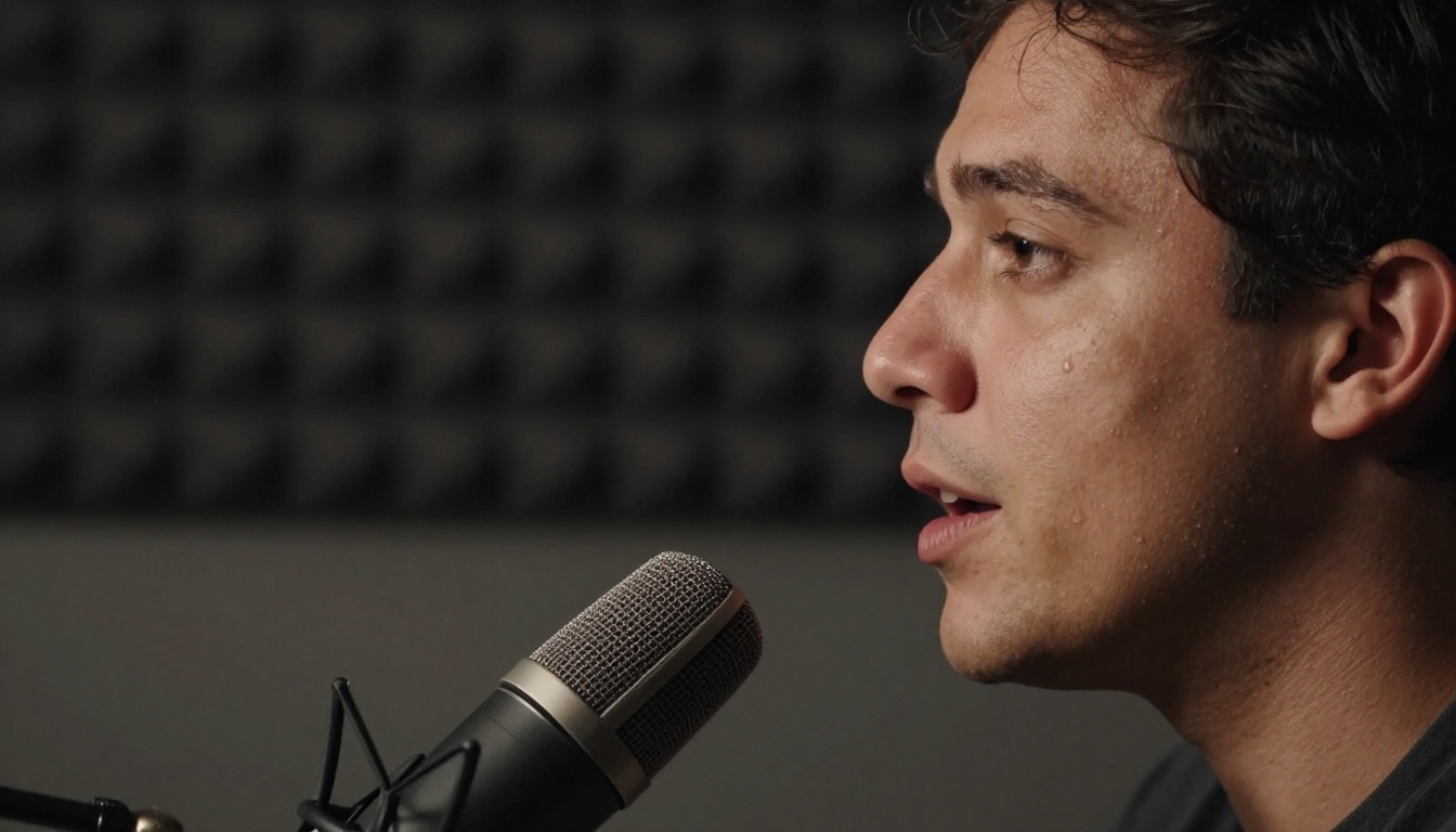 Artistic side profile portrait of podcast host speaking into studio microphone with dramatic split lighting
