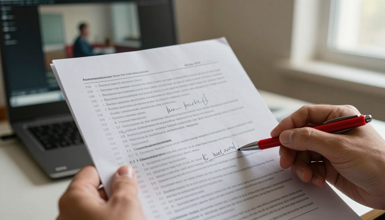 Hands holding printed subtitle script document with red pen making handwritten corrections, video playback on softly blurred monitor behind