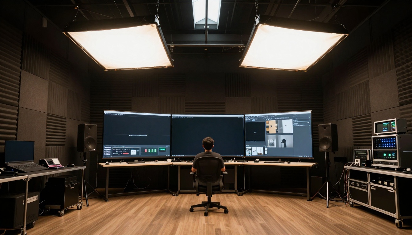 Wide-angle professional video production studio with person at ultra-wide monitor, acoustic foam panels on walls, and overhead soft box lighting