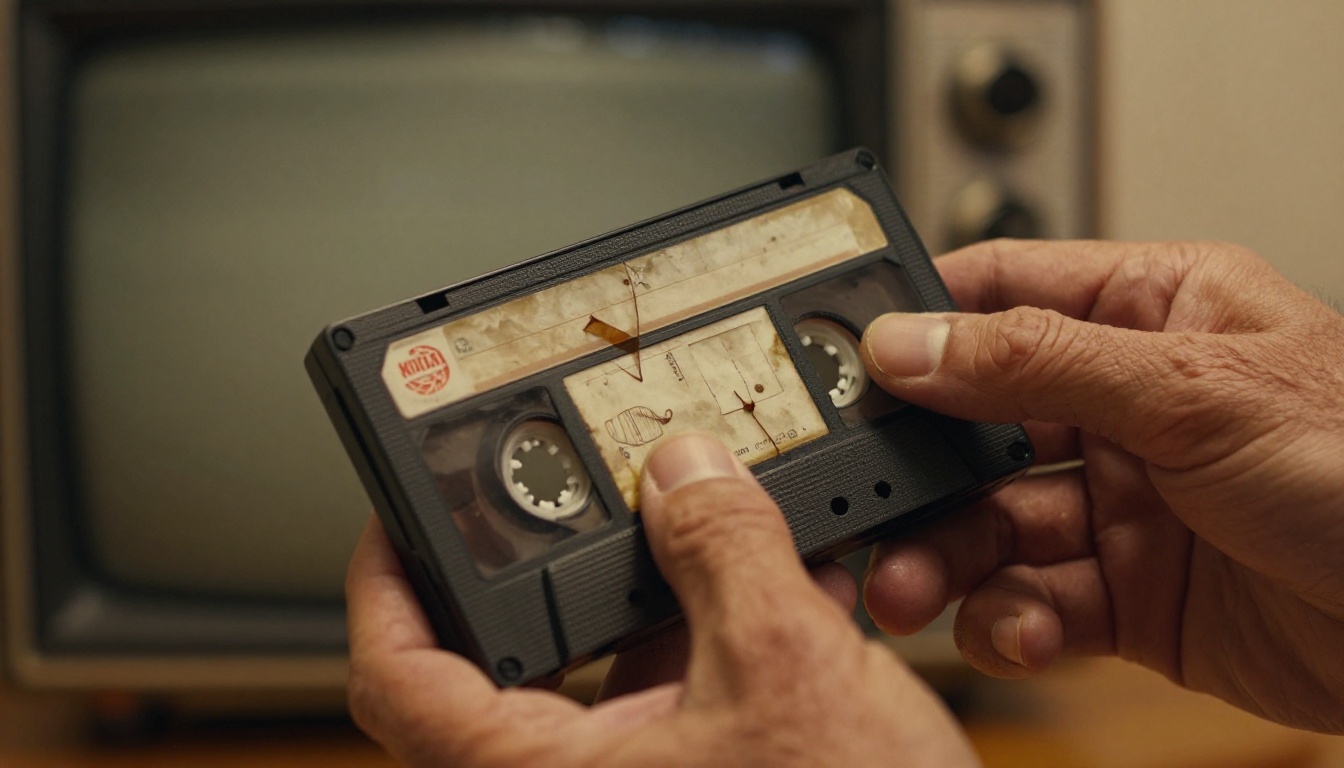 Hands holding a damaged VHS cassette tape