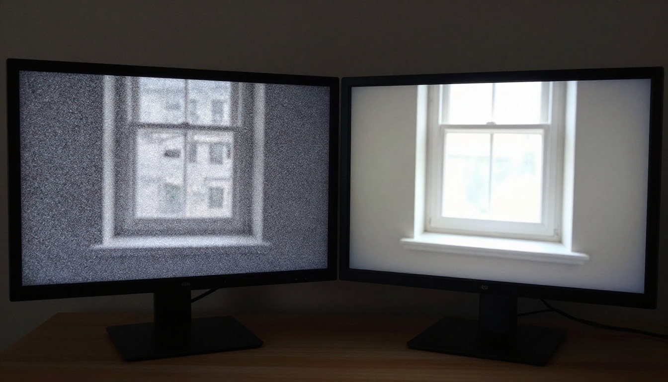 Split-screen before and after AI video upscaling on a 4K monitor