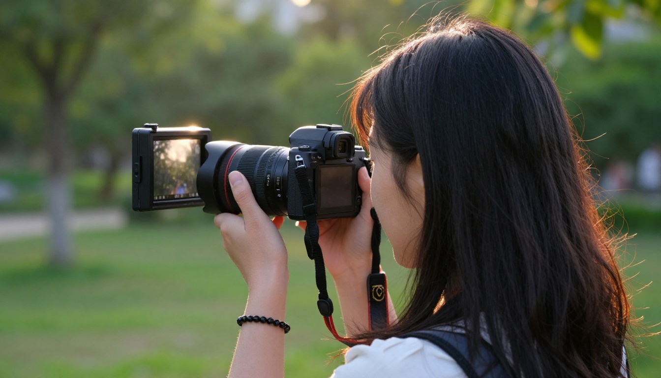 Woman filming outdoors handheld with mirrorless camera