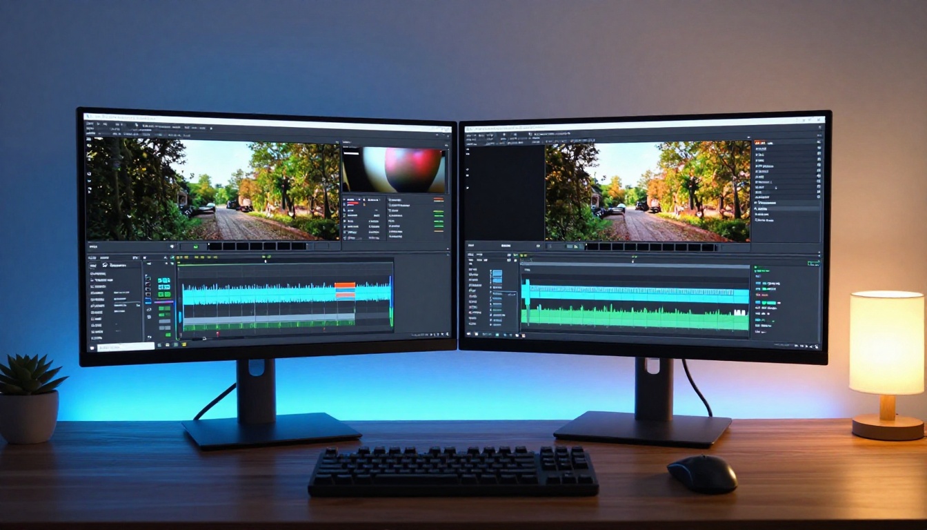 Dual monitor workstation showing AI video comparison