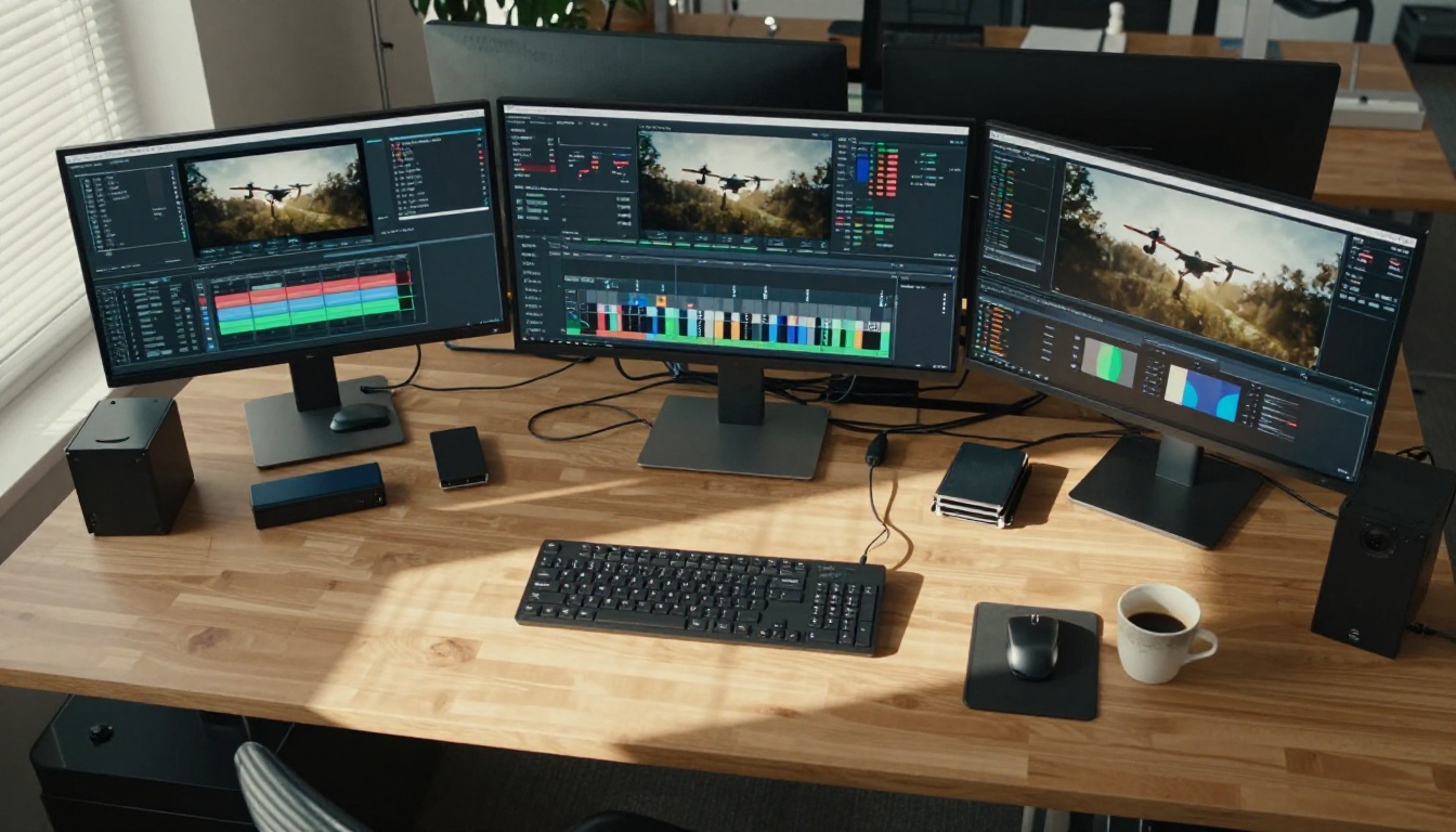 Aerial top-down view of video editing workstation with multiple monitors