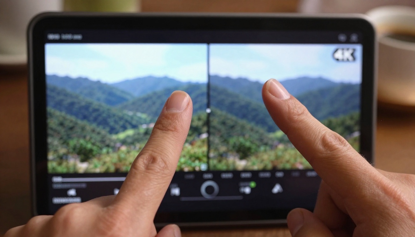 Tablet showing pixel-level comparison of before and after video upscaling