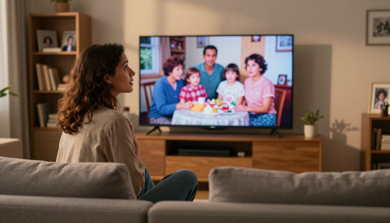 Woman watching restored family videos on TV