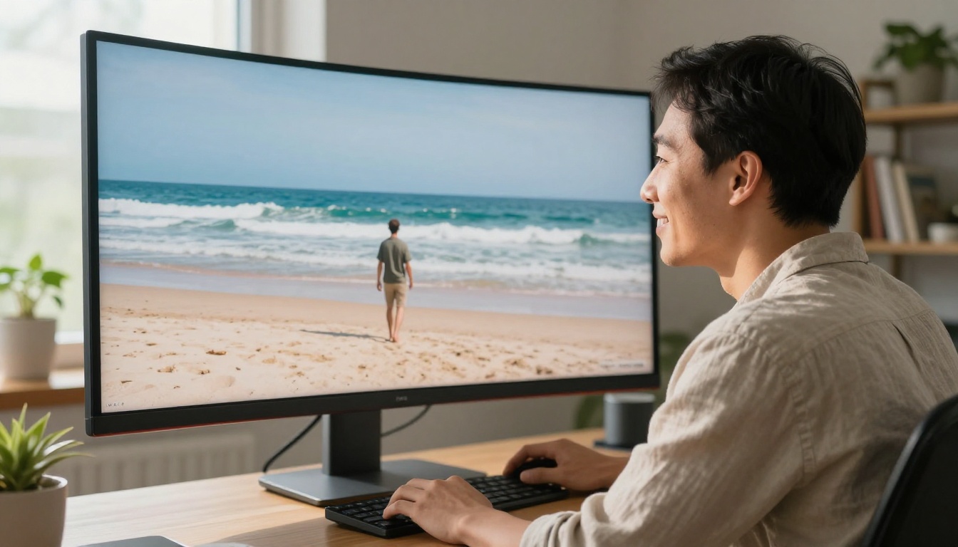 Content creator satisfied reviewing stabilized footage on curved monitor