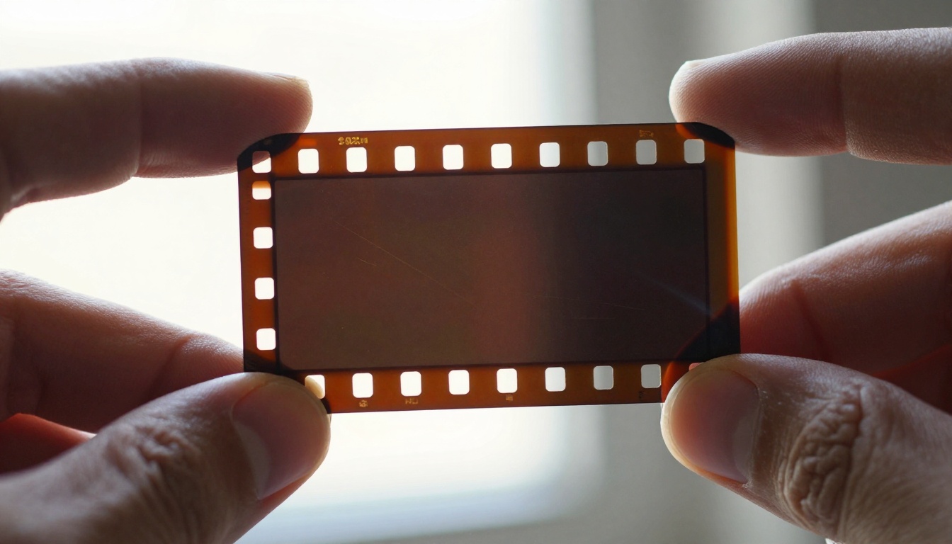 Degraded film strip held against window light showing grain and scratches