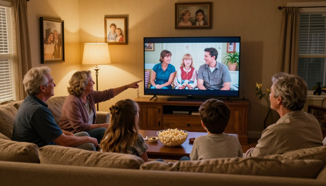 Multigenerational family watching restored home videos
