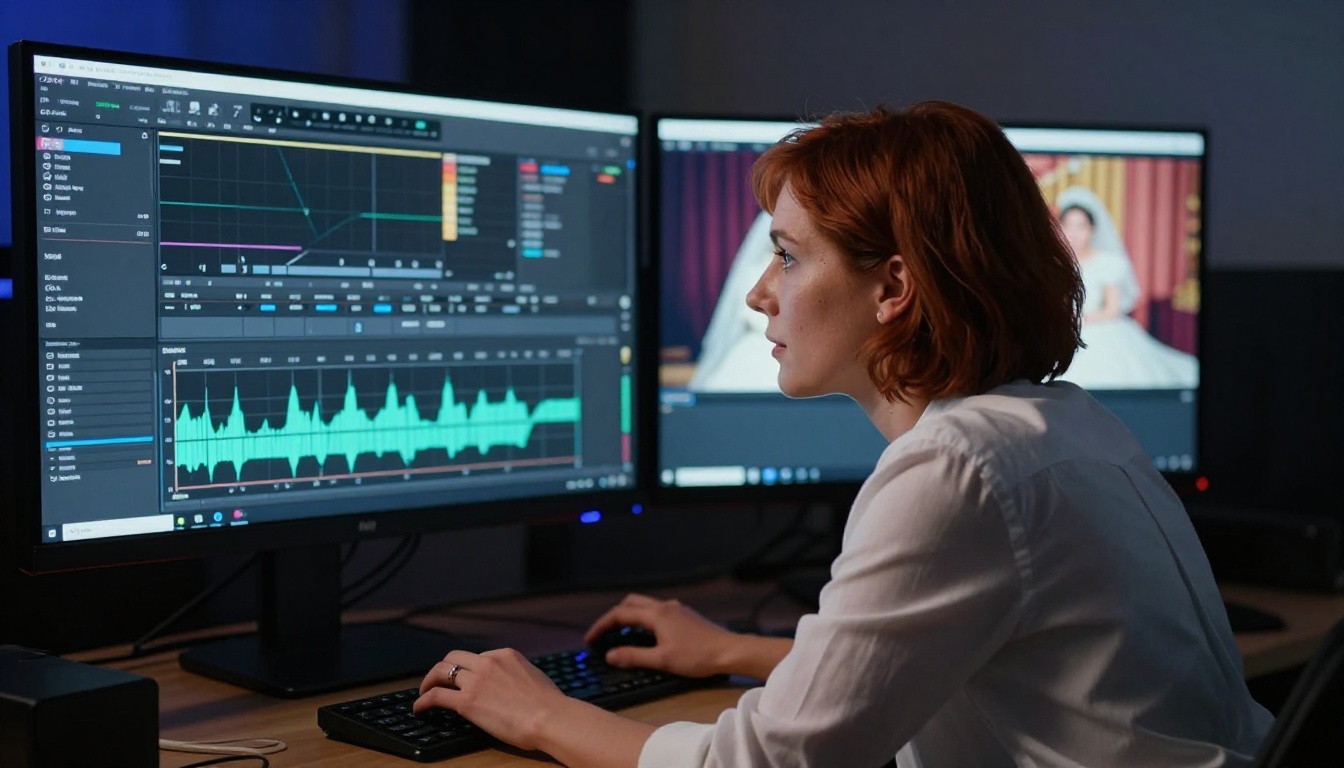 Professional female video editor at post-production monitors Professional female video editor at post-production monitors