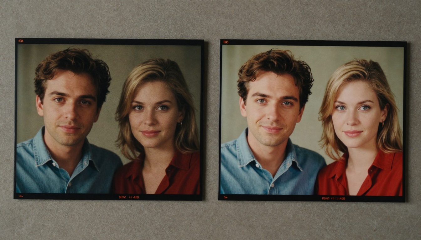 Before and after video frame comparison prints on dark surface Before and after video frame comparison prints on dark surface