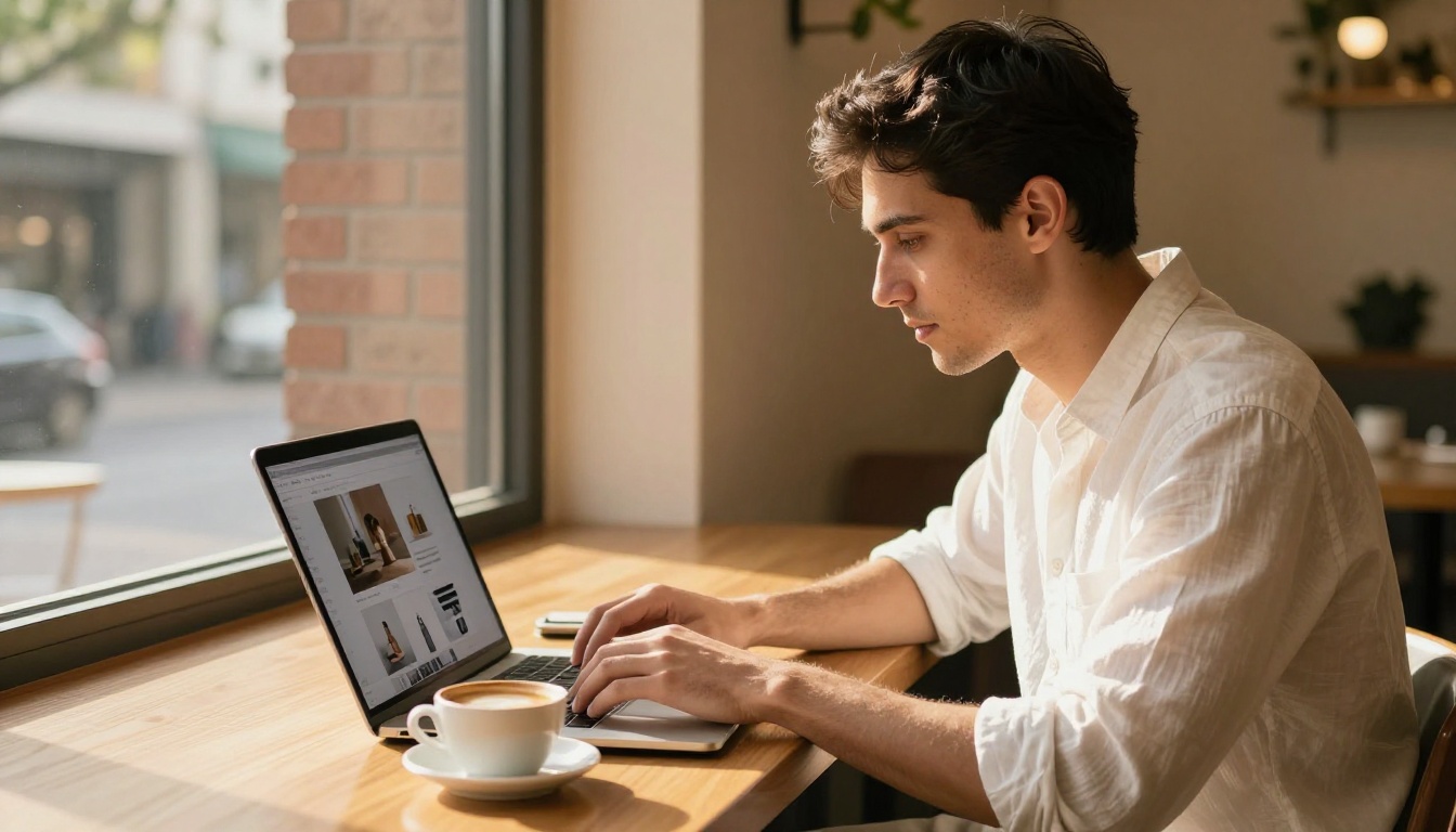 Entrepreneur using AI tools for photo editing at cafe