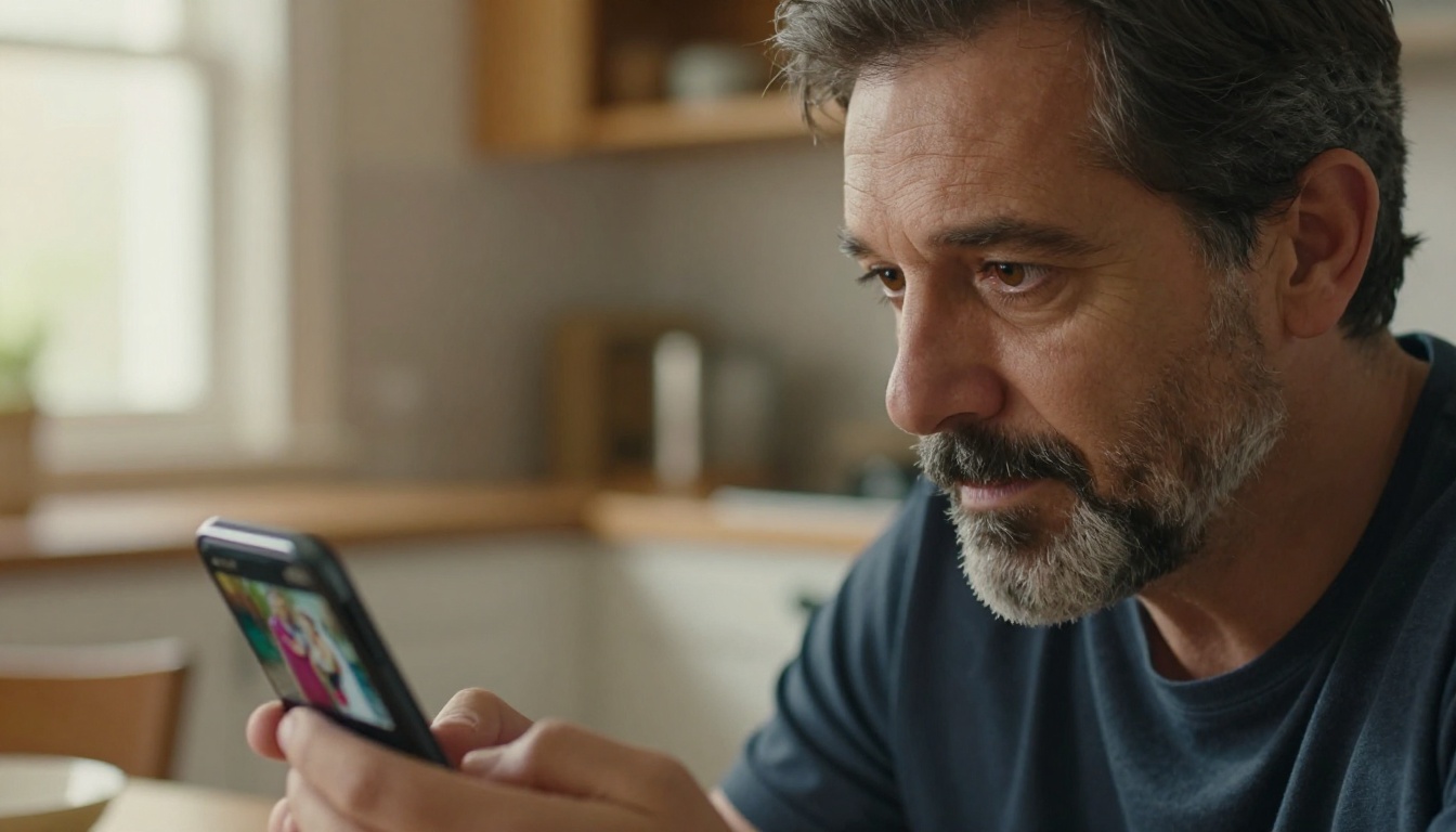 Man viewing restored video on smartphone in kitchen Man viewing restored video on smartphone in kitchen