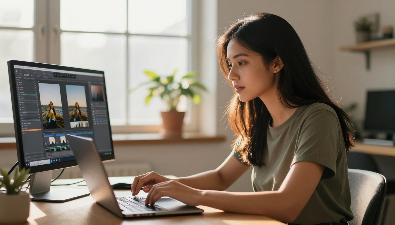 Creative woman editing photos with AI at her home studio workstation