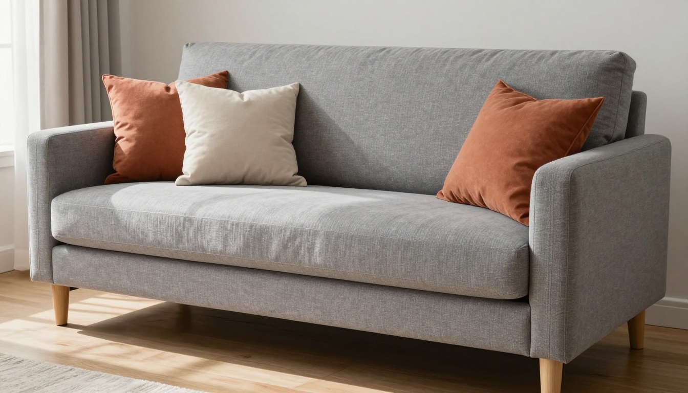 Modern grey sofa isolated with clean AI cutout on transparent background