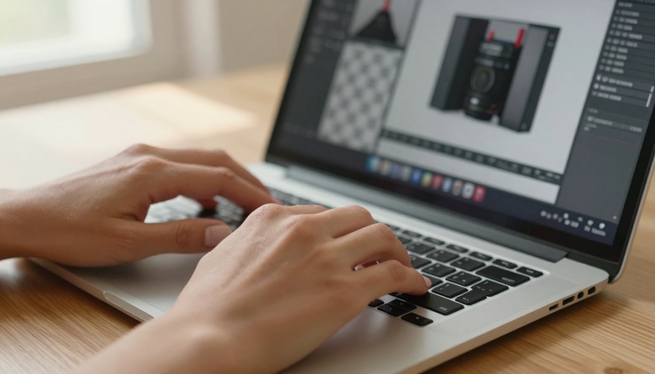 Hands resting on a laptop trackpad with transparent PNG checkerboard visible on screen