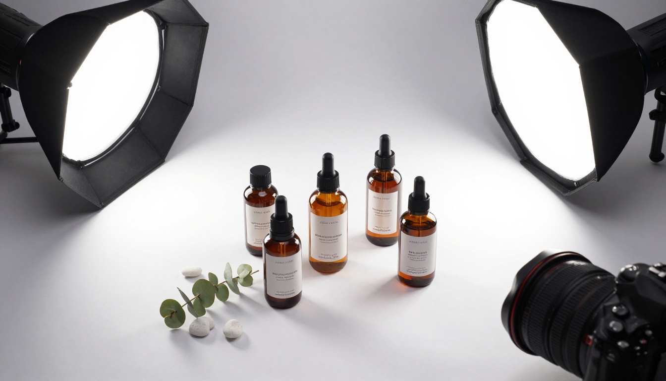 Overhead aerial view of a professional e-commerce product photography setup with cosmetics