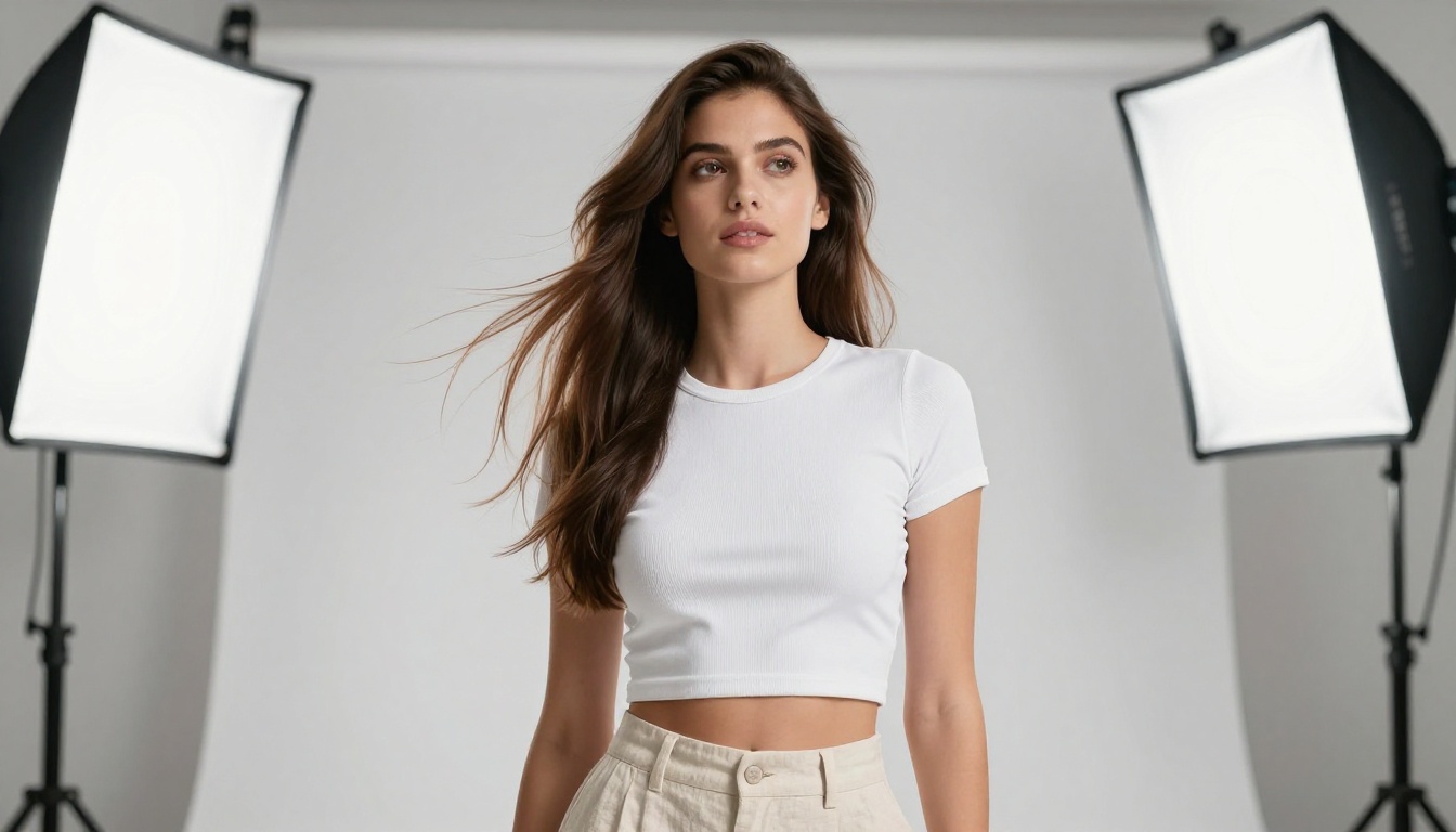 Attractive woman photographed in a professional studio against a seamless white backdrop