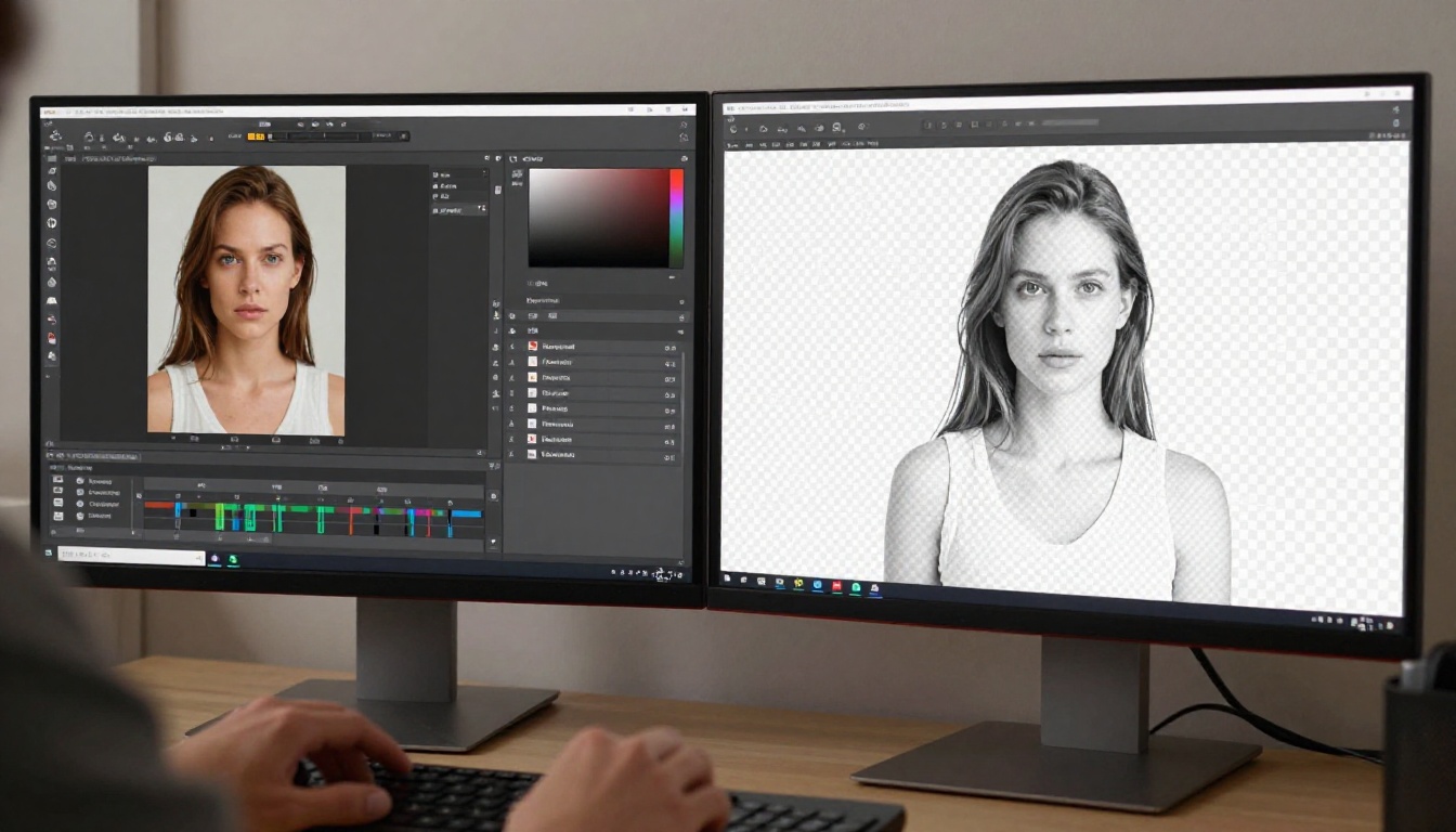Large monitor displaying a split-screen before/after background removal comparison