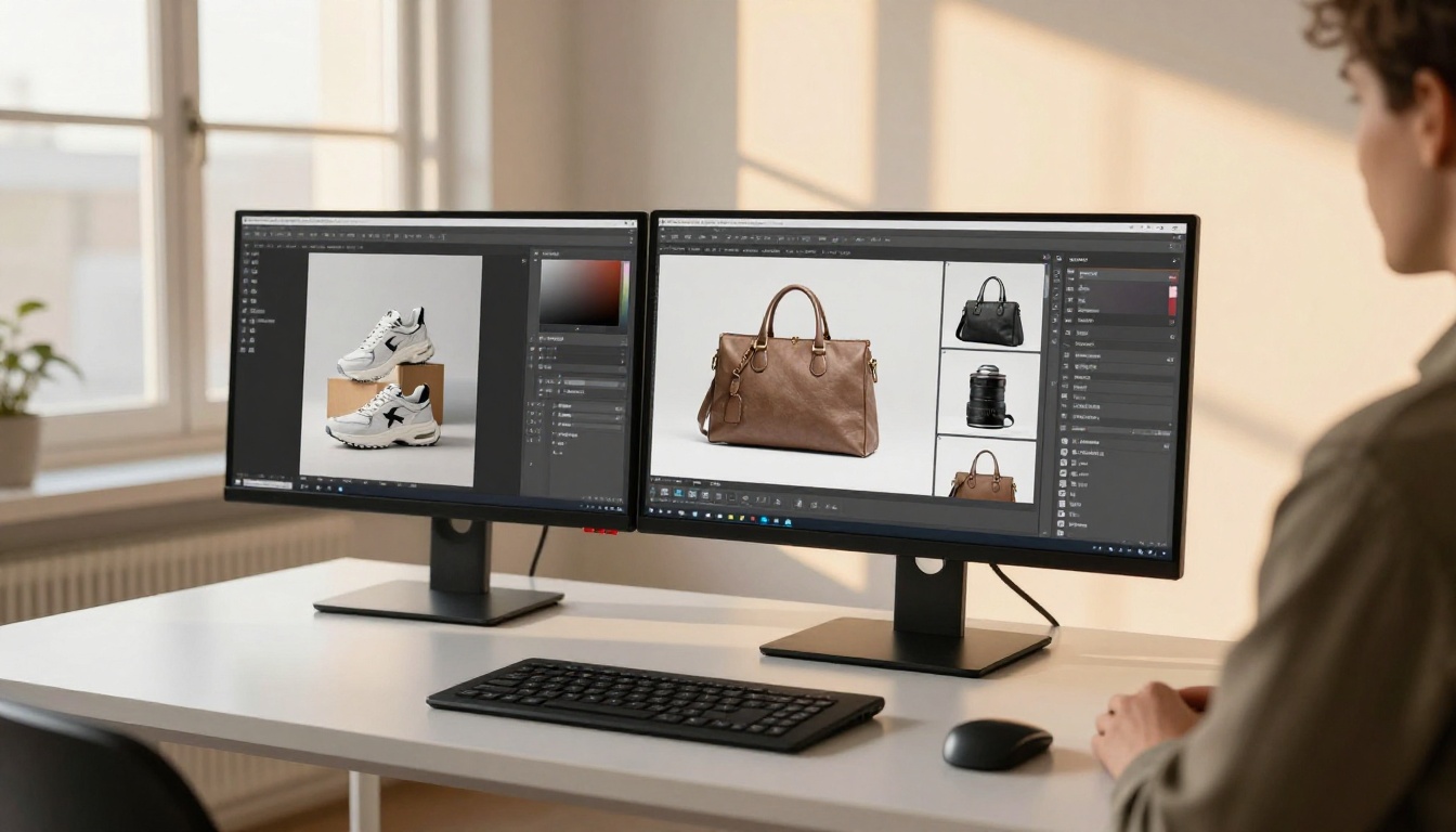 Graphic designer at a dual-monitor workstation with transparent PNG product assets in design software