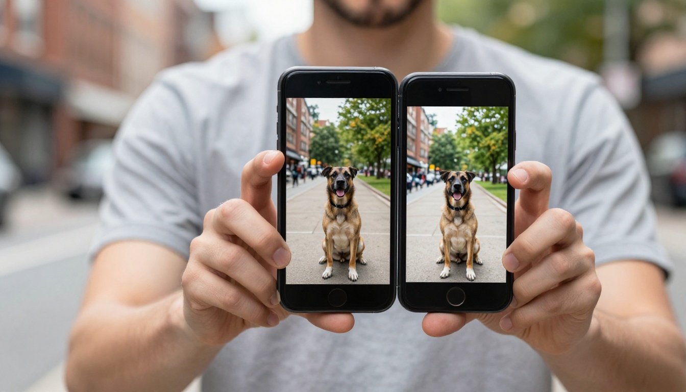 Young man on a city sidewalk holding a smartphone showing a mobile background removal result
