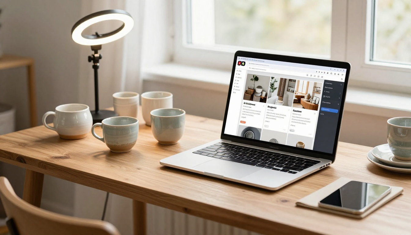 Small business owner photographing handmade ceramic products with AI tool open on laptop