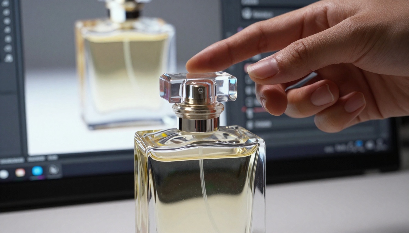 Close-up of a luxury glass perfume bottle with light refracting through its facets on a clean white surface