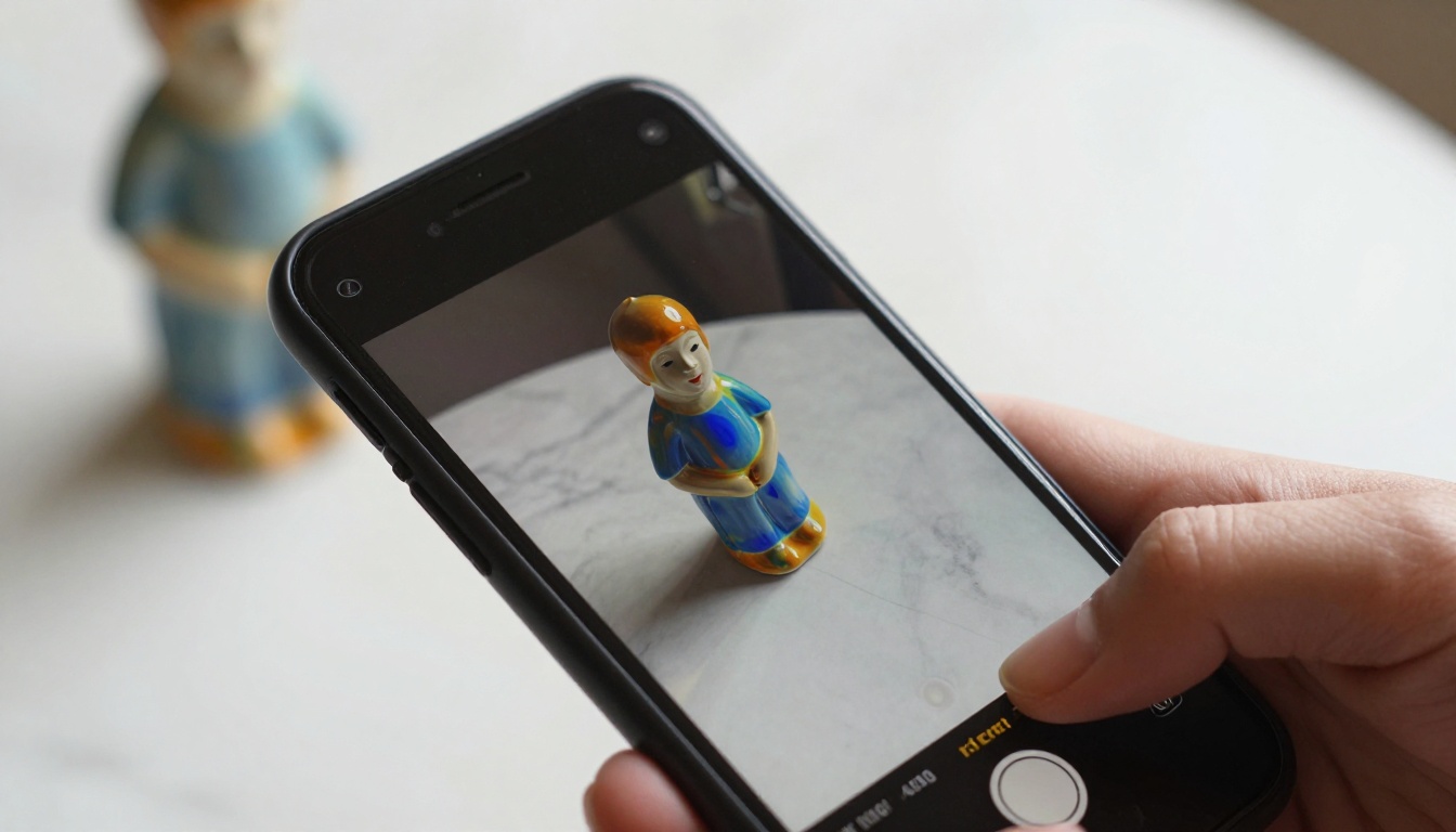 A hand holding a smartphone scanning a ceramic figurine with AI depth mapping visible on screen