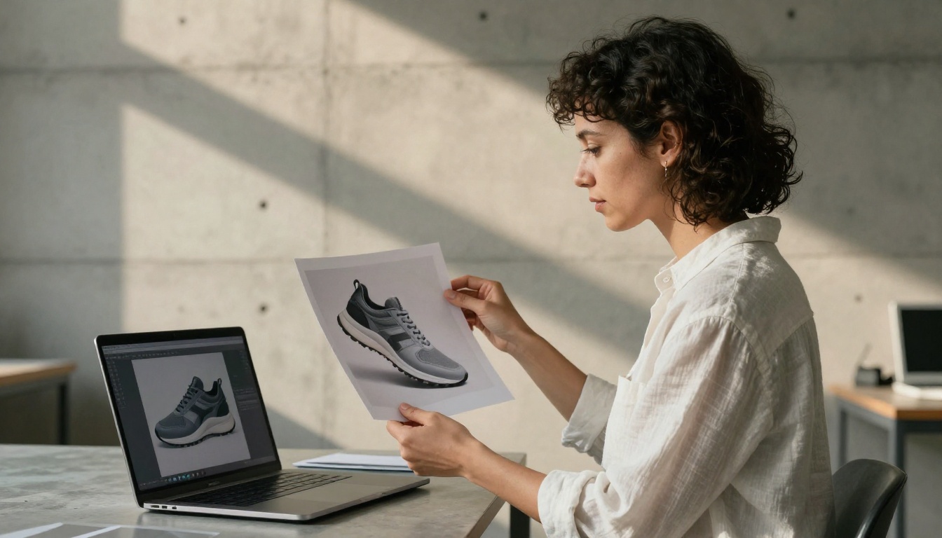 Industrial designer holding a printed photograph while comparing it against an AI reconstruction on a laptop screen