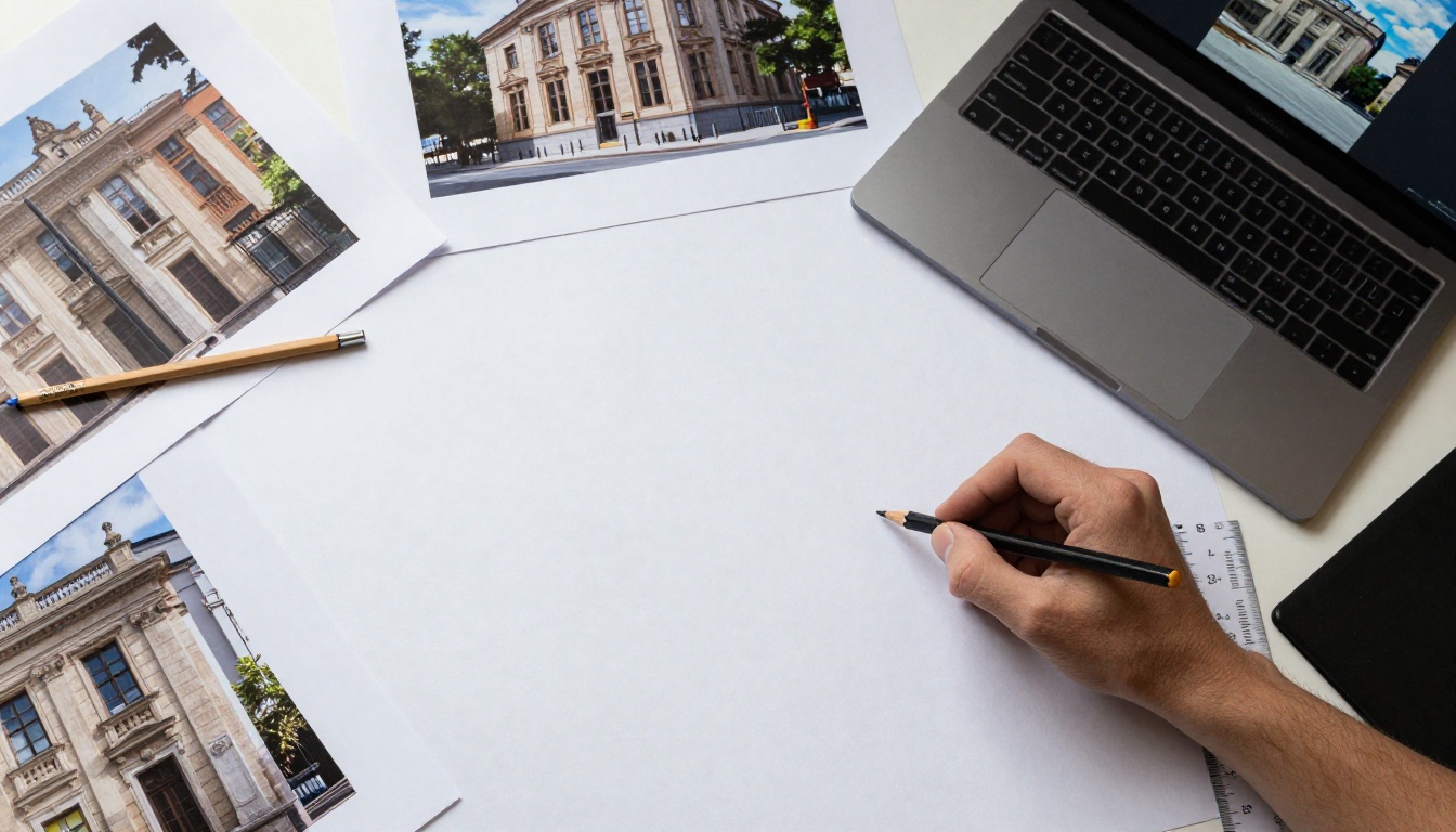 Overhead aerial view of an architect's drafting table with printed reference photos and photogrammetry software on laptop