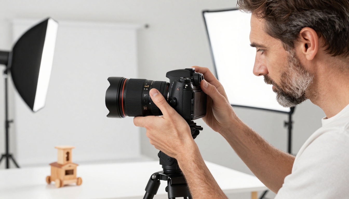 Product photographer in a professional studio adjusting a DSLR camera on tripod pointed at a handcrafted wooden object