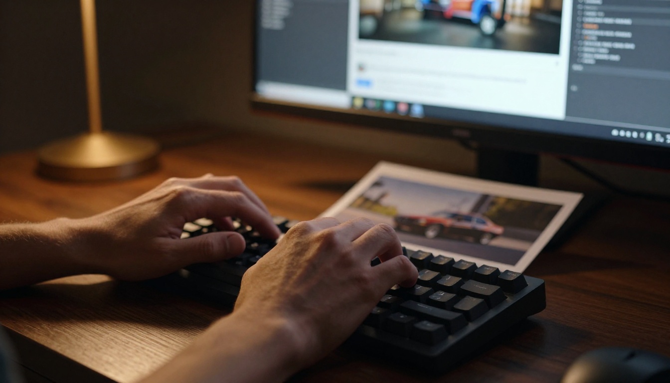 Close-up of developer hands on a mechanical keyboard with a monitor in background showing an AI 3D conversion interface Close-up of developer hands on a mechanical keyboard with a monitor in background showing an AI 3D conversion interface