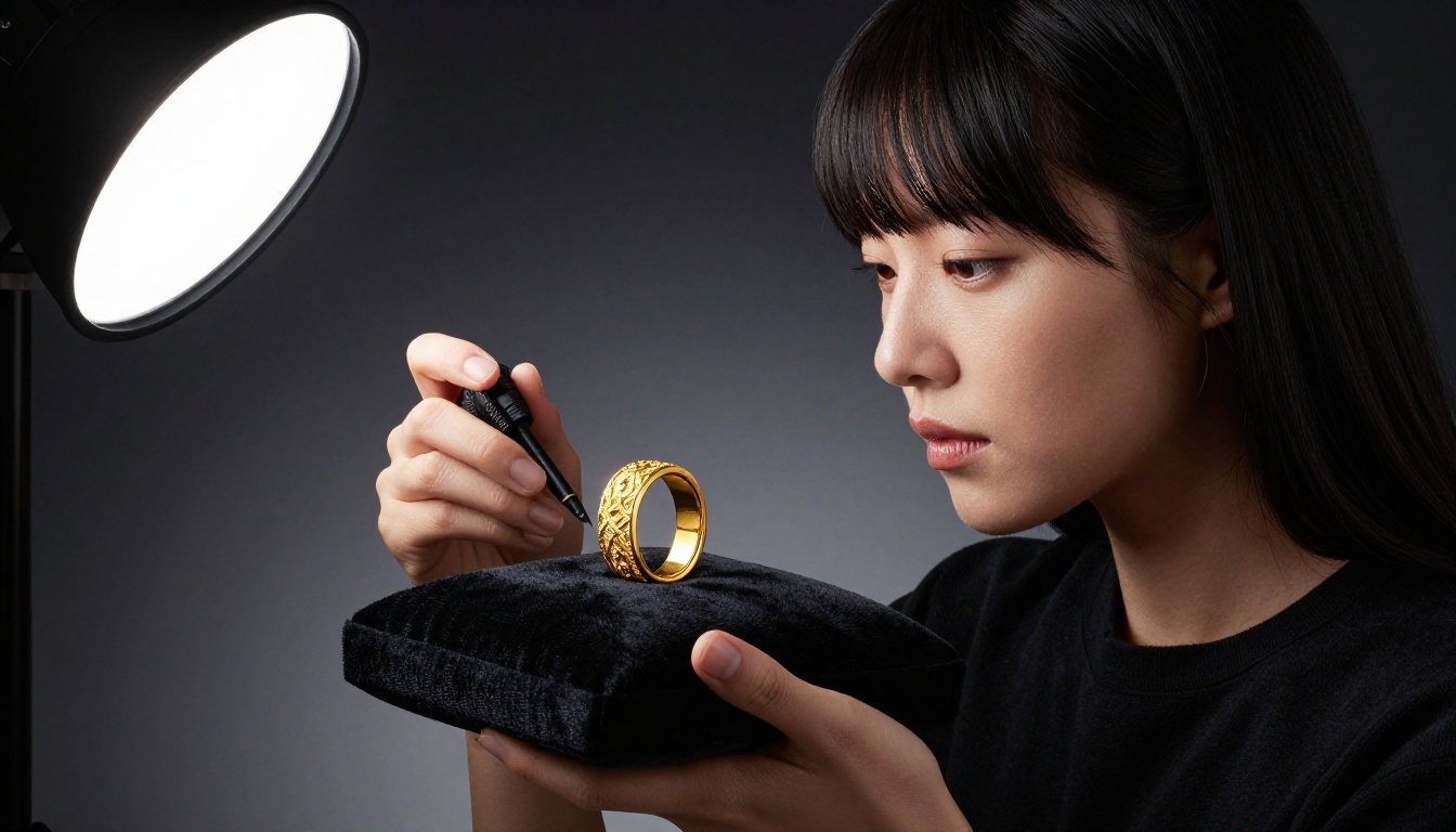 Jewelry designer photographing an ornate gold ring on black velvet with a high-resolution camera in a dark studio with rim lighting Jewelry designer photographing an ornate gold ring on black velvet with a high-resolution camera in a dark studio with rim lighting