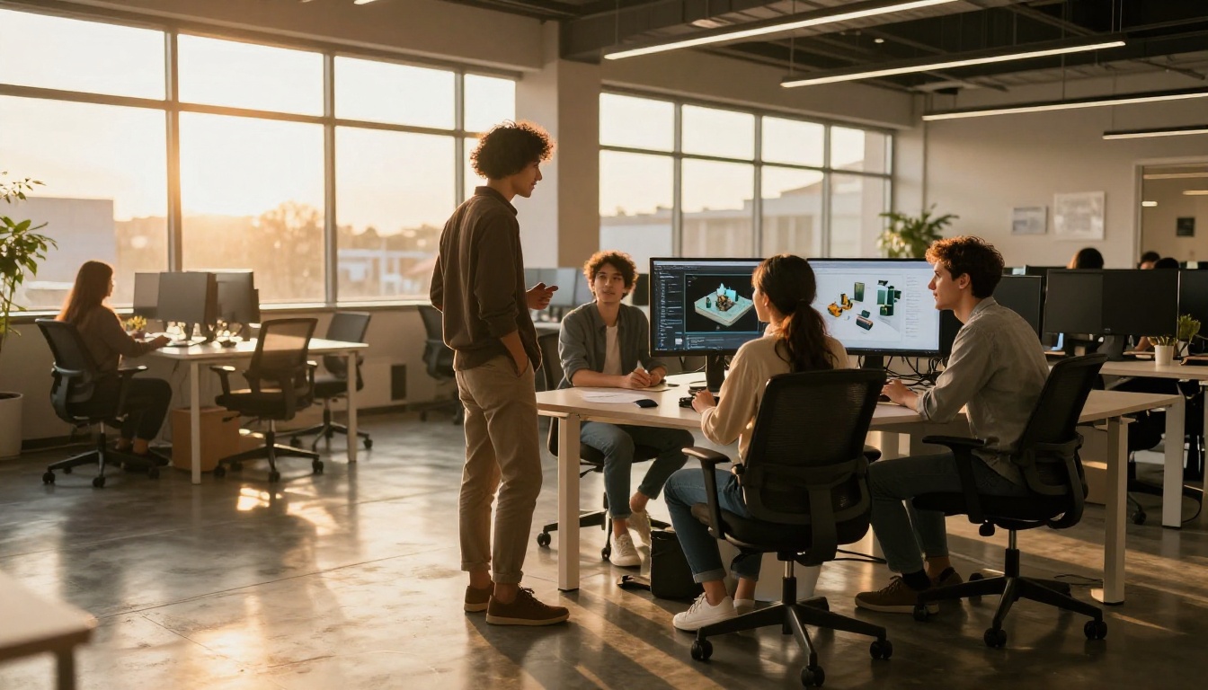 Three young professionals at a standing desk in a golden-hour lit startup office reviewing AI reconstruction results on a large monitor Three young professionals at a standing desk in a golden-hour lit startup office reviewing AI reconstruction results on a large monitor