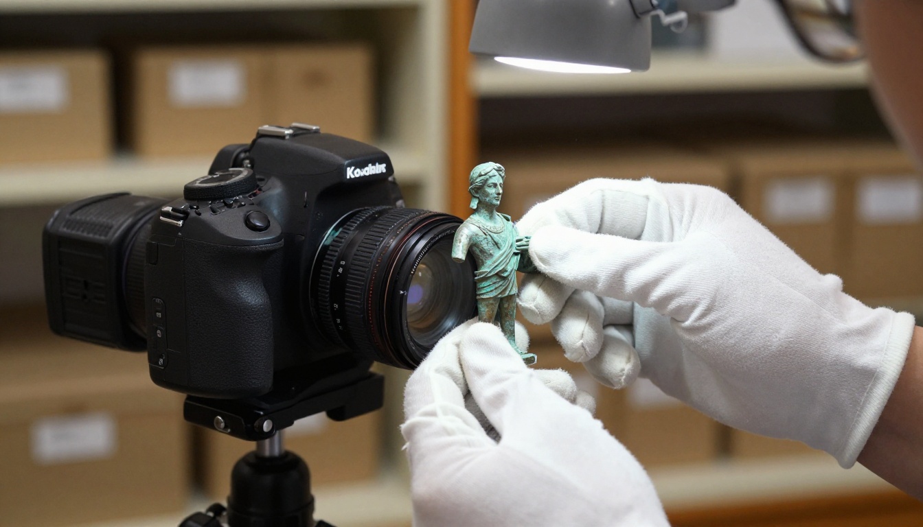 Museum conservator in white gloves handling a bronze statuette under conservation lighting with a camera stand positioned above for digitization