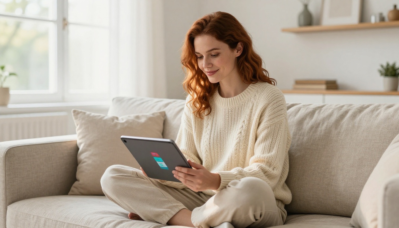 A woman with auburn hair on a minimalist sofa reviewing AI image results on a tablet in a bright Scandinavian living room A woman with auburn hair on a minimalist sofa reviewing AI image results on a tablet in a bright Scandinavian living room
