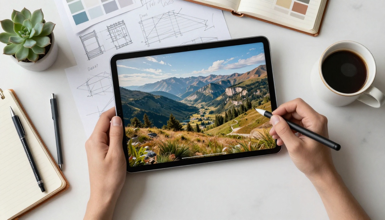 Designer workspace with tablet showing AI-generated portrait
