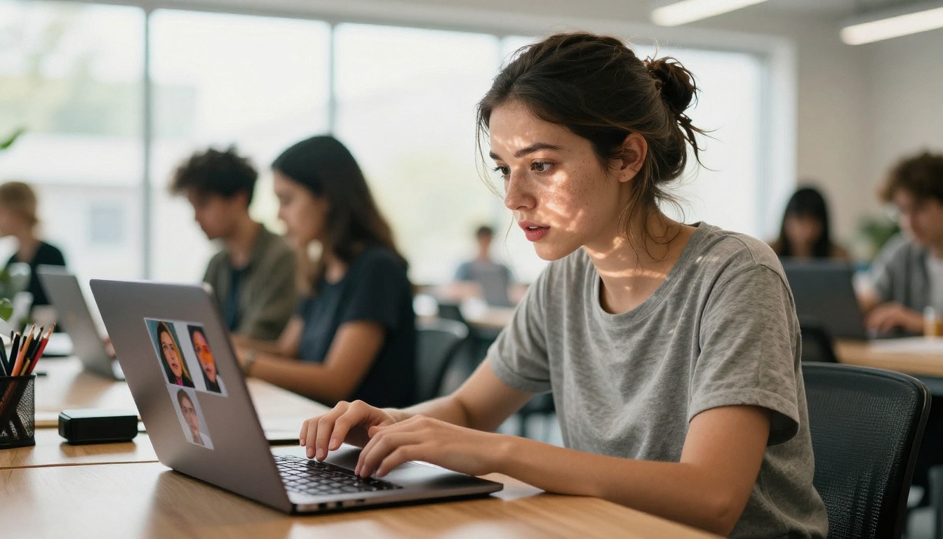 Woman reviewing AI portrait images on laptop in co-working space