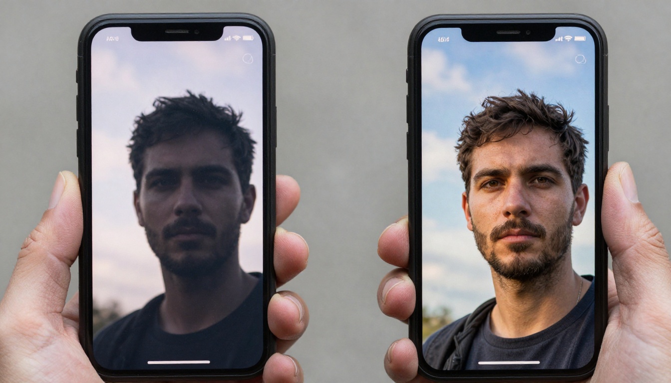 Close-up of smartphone held in hands showing AI photo correction before and after